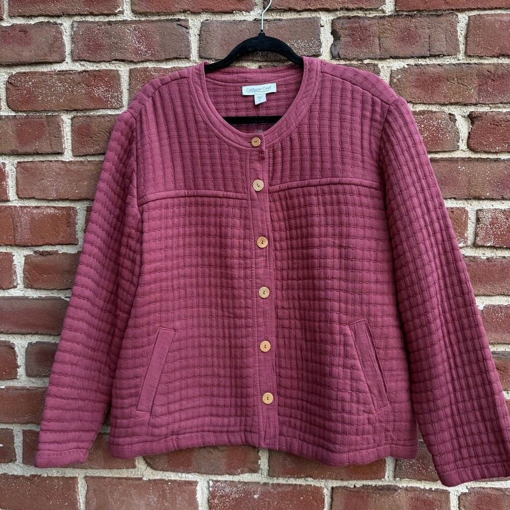 Coldwater Creek Women's Quilted gauze jacket Cotton Button Front Burgundy L NEW